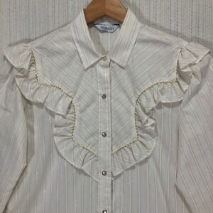 KARMAN White Gold Striped Ruffle Blouse Long Sleeve Button Up Shirt Size‎ 15 16